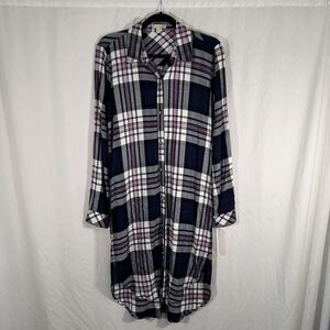 New Gianni Bini Midi Dress Women's Small Blue Pink Plaid Button Up Long Sleeve